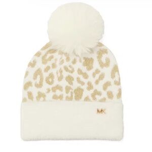 Michael Kors Metallic Feather Leopard Scarf and Beanie White and Gold New!
